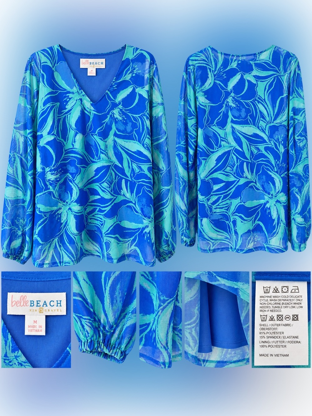 Belle by Kim Gravel Blue & Teal Floral V-Neck Long Sleeve Top